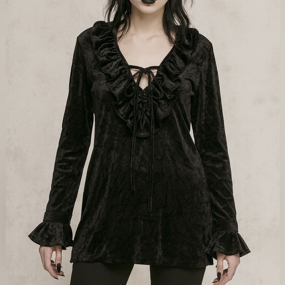 VTG Bonnie Strauss Velvet Ruffle Top Relaxed Fit M Black Grunge Witchy Romantic